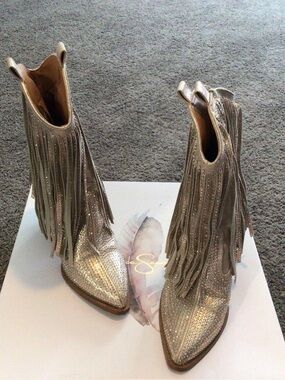 Jessica Simpson Metallic Silver Fringe Pointed-Toe Ankle Boots